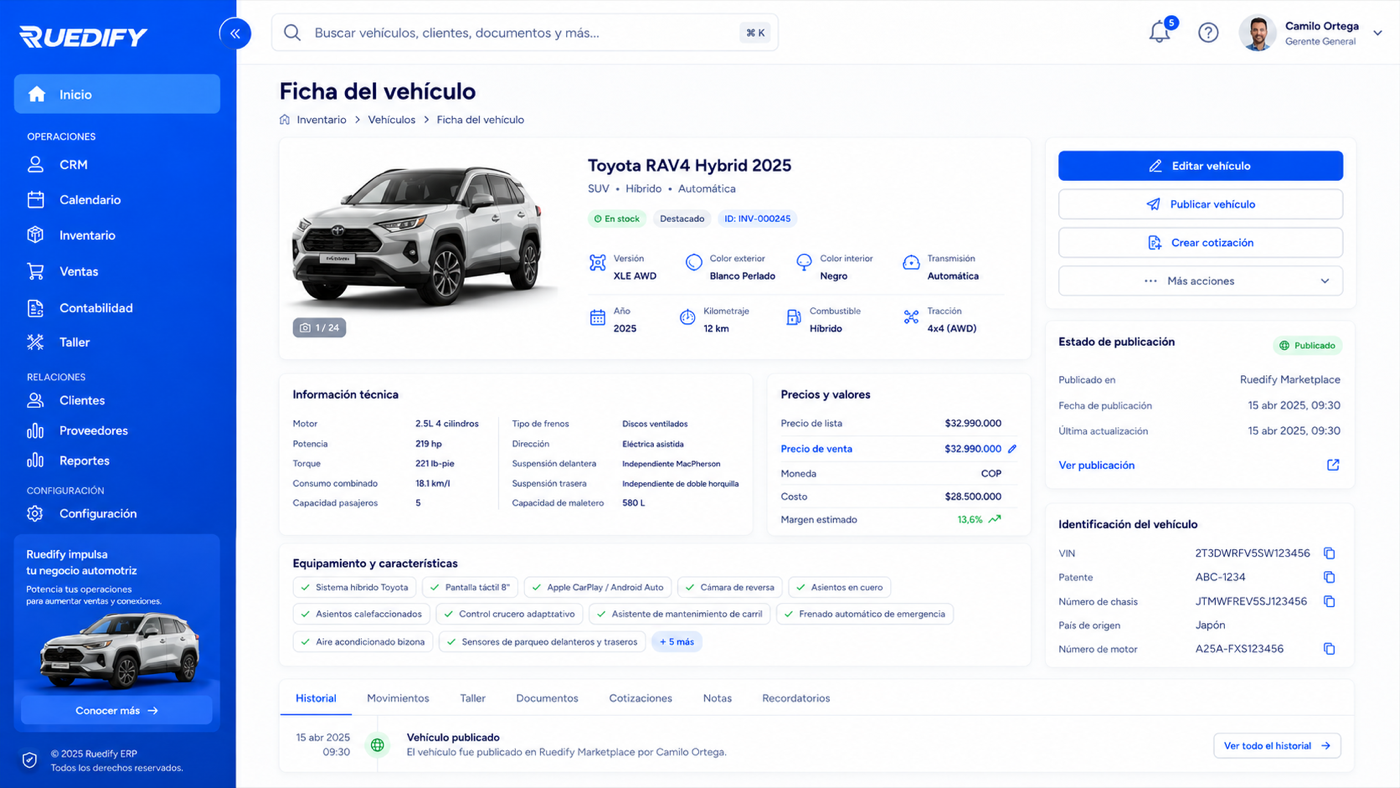 Ficha de vehiculo en Ruedify: datos, precio, estado y trazabilidad